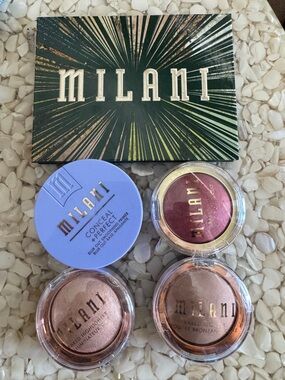 Milani Makeup Set w/Green Palette and Pink, Gold, Copper Highlighters  + primer
